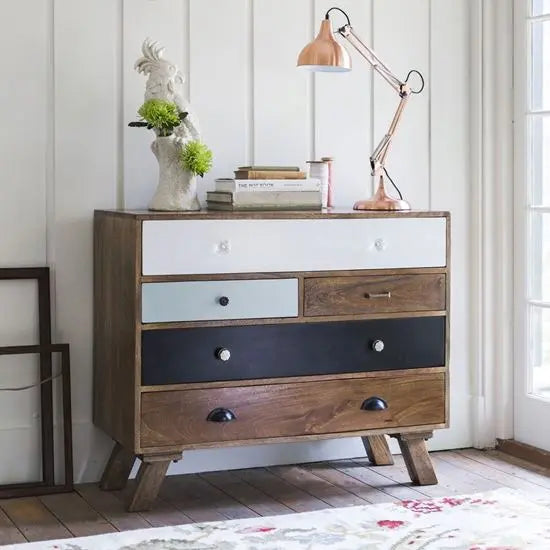 Solid Mango Wood Ran Five Drawer Chest with multicolour Drawers finish. 