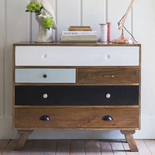 Solid Wood Ran Five Drawer Chest with multicolour Drawers finish. 