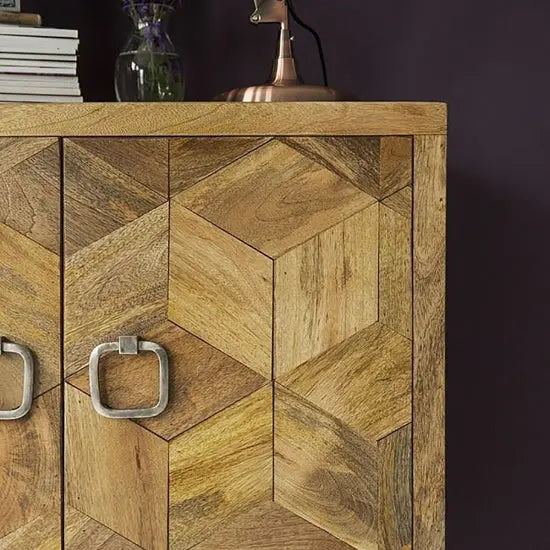 Solid Mango Wood and Metal Base Two designer Ran Herringbone Sideboard