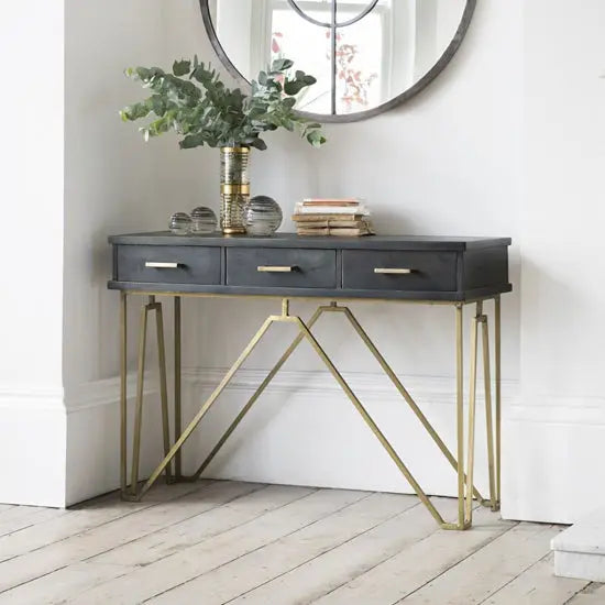 modern console table with three drawers made in Solid mango wood and Metal frame. 