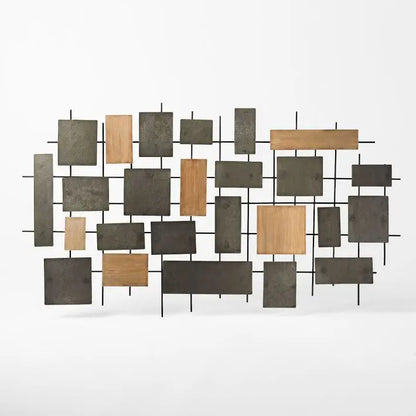 Modern wall art with geometrically arranged wooden panels and Metals. 
