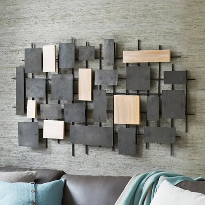 Wall art made of interlocking wooden and Metal panels.