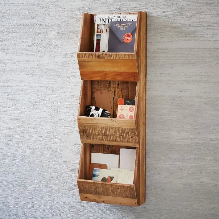 Mango Wood Three Pocket Shelf Ran magazine Holder.