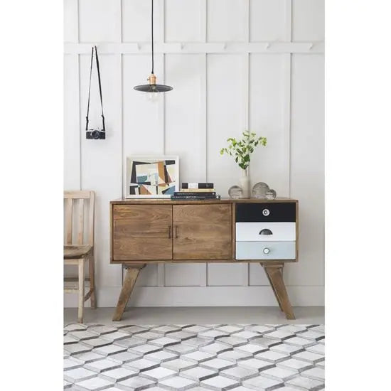 Two Door and Three Drawer Ran Wooden Sideboard Made in Solid Mango Wood. Sideboard Drawer is Multicolour Paints. 