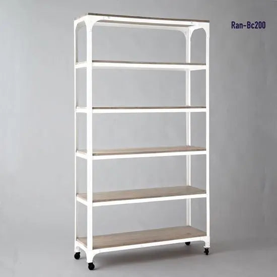 Wooden and Metal Frame Wheels Five Shelf Rolling Wheel Bookcase. 