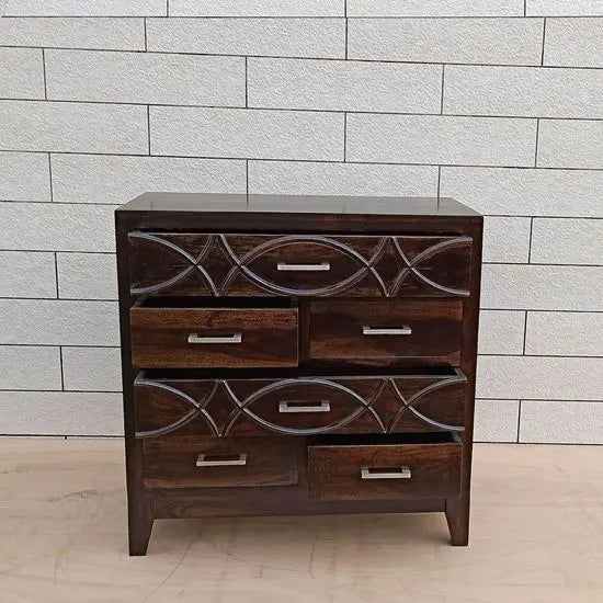 Solid sheesham wood Six drawer chest walnut with fish design on Big drawers panel.