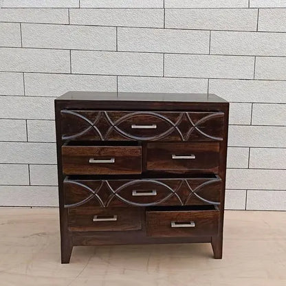 Solid sheesham wood Six drawer chest walnut with fish design on Big drawers panel.