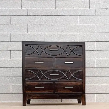 Solid Wood Six drawer chest walnut with fish design on Big drawers panel.