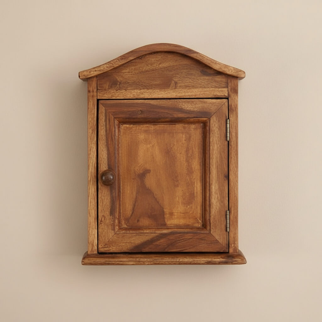 Solid Wood One Door Round key holder in Natural Finish. 