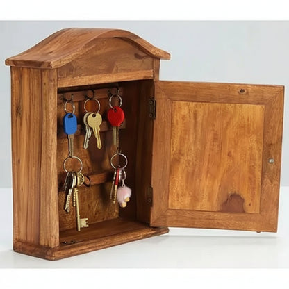 Solid Wood and Metal Hooks One Door Round key holder in Natural Finish. 