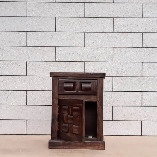 Solid Sheesham Wood One Door One Drawer Round Tile Bedside. 