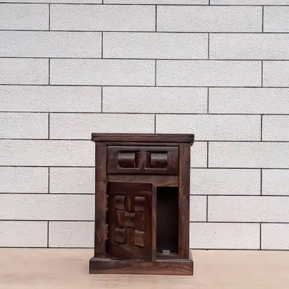 Solid Sheesham Wood One Door One Drawer Round Tile Bedside. 