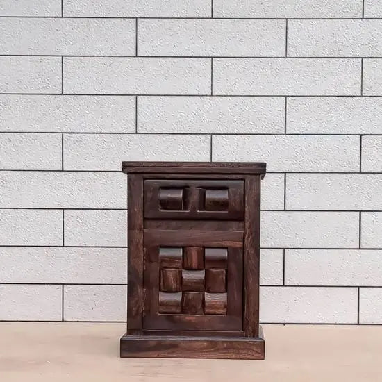 One Door One Drawer Round Tile Bedside  Made in Solid Sheesham Wood. 