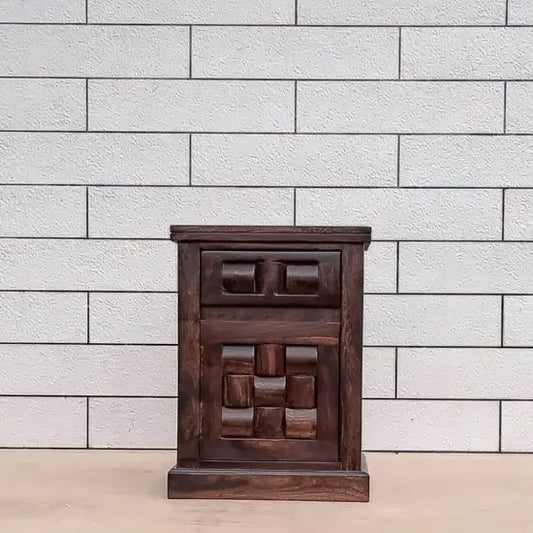 One Door One Drawer Round Tile Bedside  Made in Solid Sheesham Wood. 