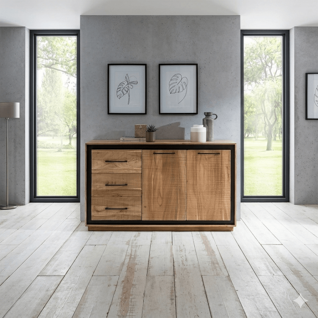 Solid Wood Two Door and Three Drawer Rustic Cabinet. 