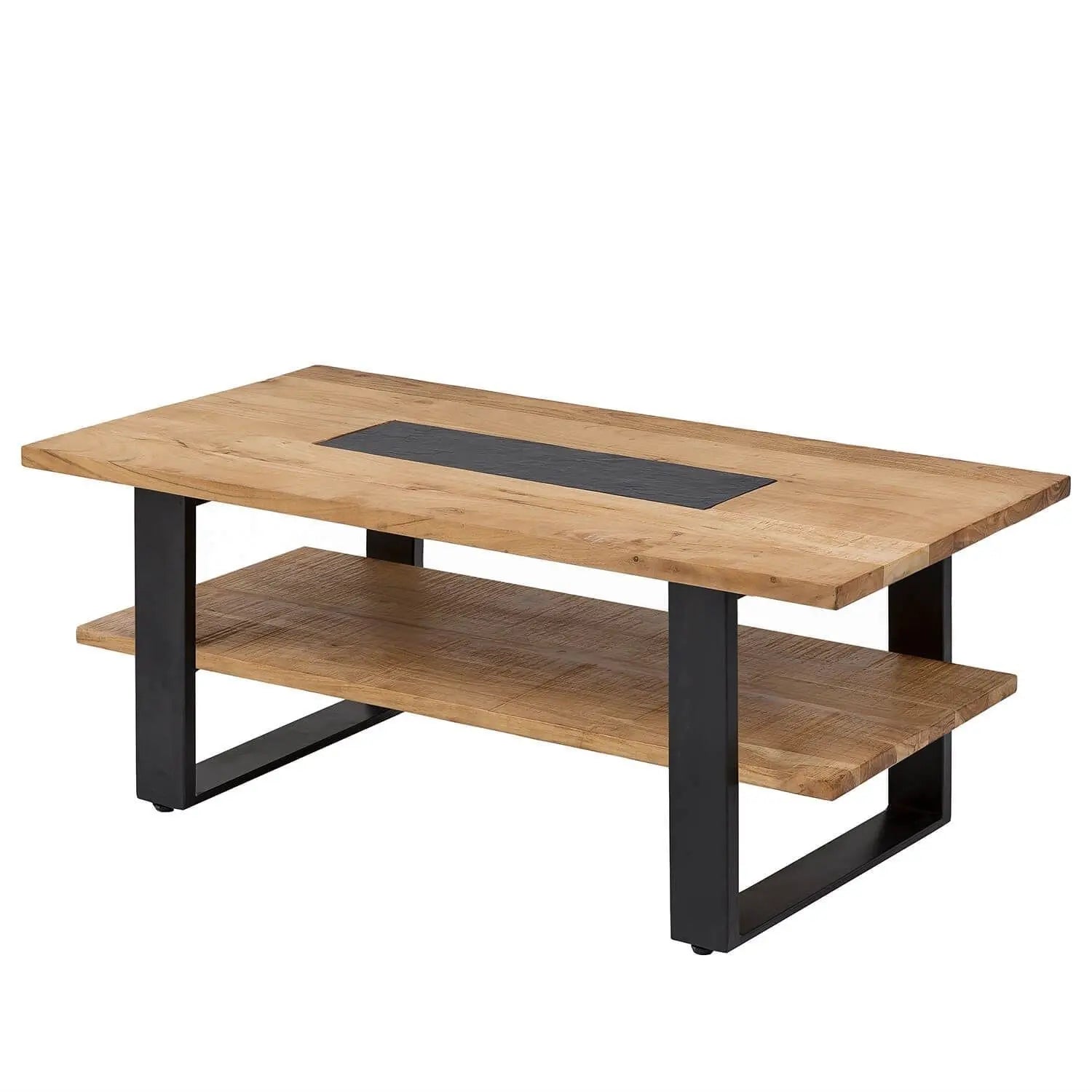 Solid Wood and Metal Frame Double Top Rustic Coffee Table in Natural and Black Finish. 