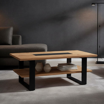 Solid Wood and Metal Frame Double Top Rustic Coffee Table in Natural and Black Finish. 