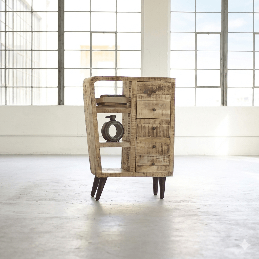 Solid Wood Three Shelf Five Drawer Rustic Sideboard. 