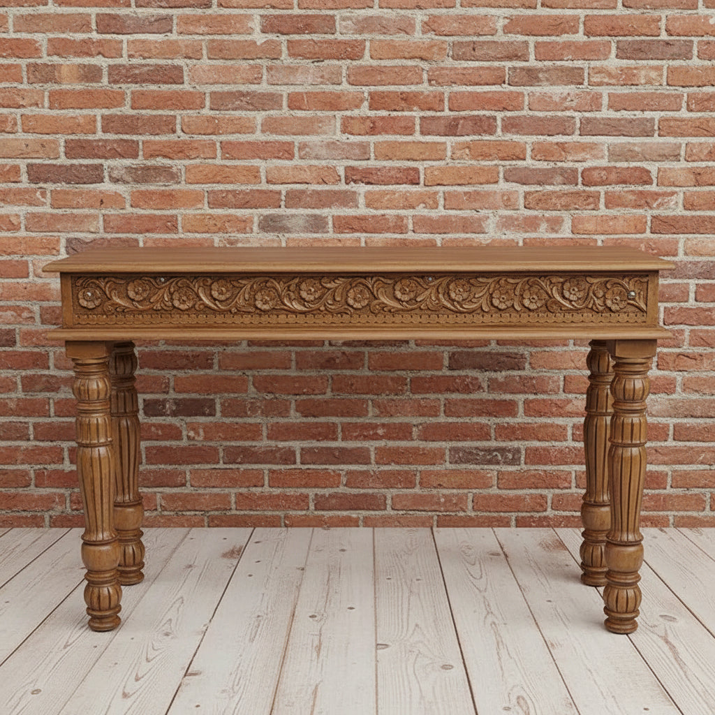 Hand carved console table made in mango wood in natural finish. 
