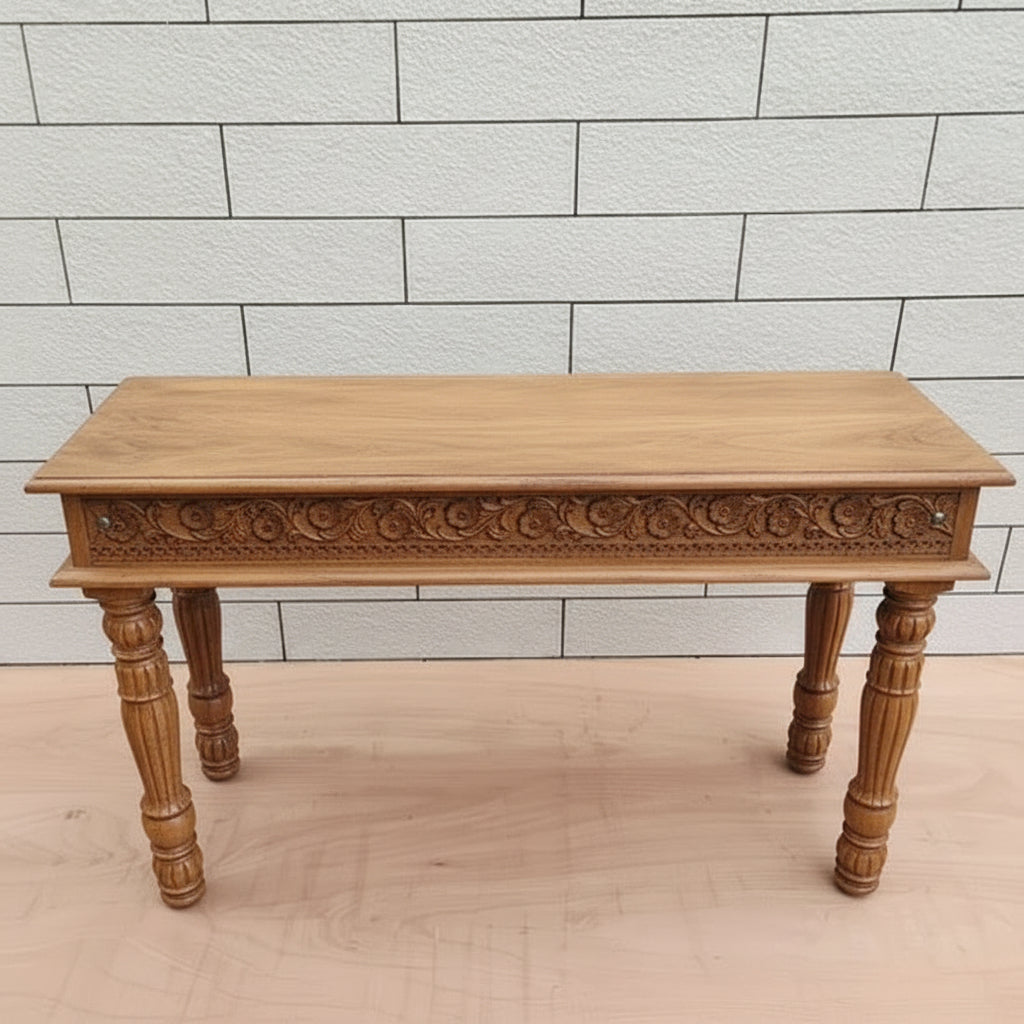 Beautifully hand carved rustic blue color console