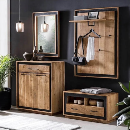 Solid Acacia Wood Wall Hanging Shelves With Six Hooks and One metal Pipe For Hanging Coats.
