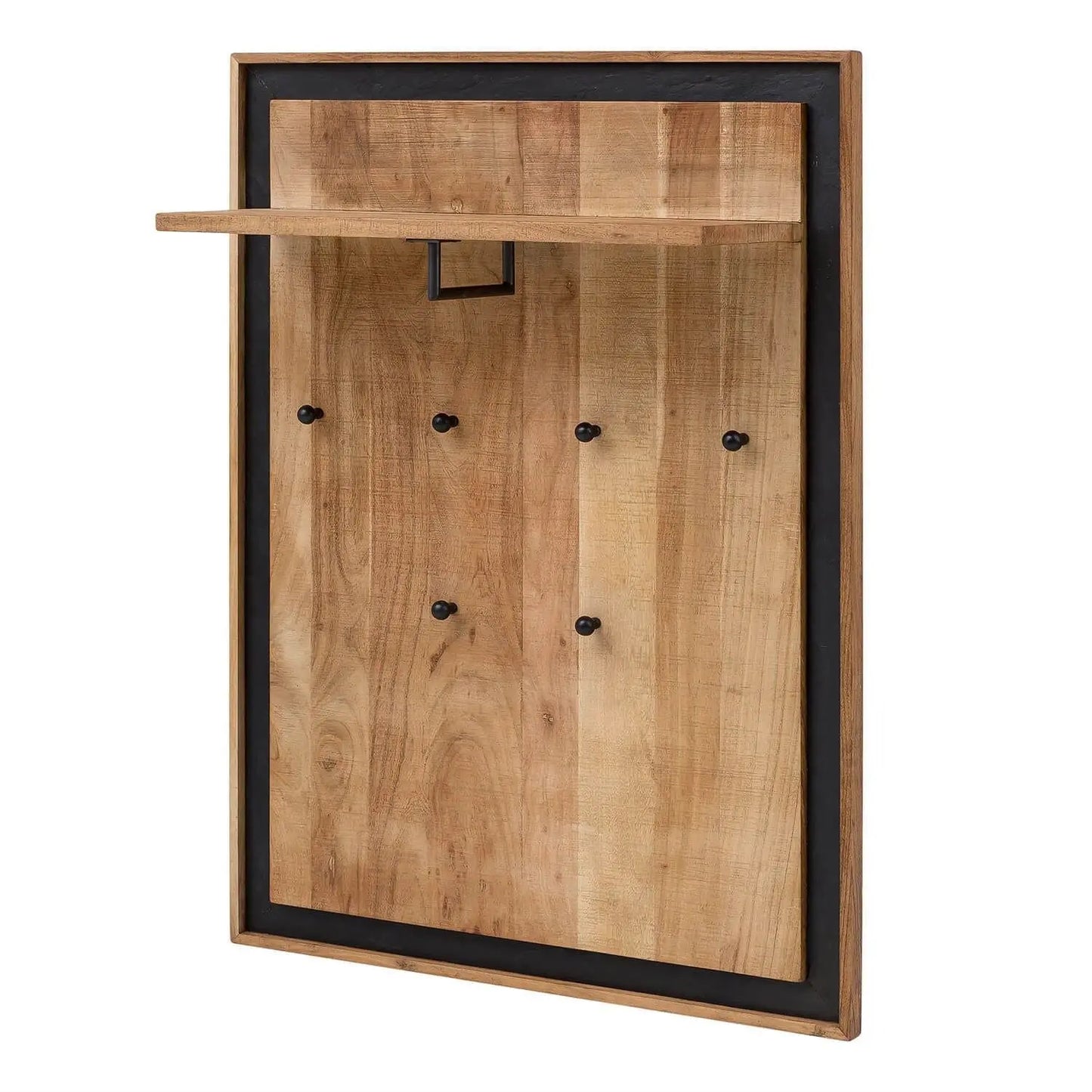 Acacia Wood Wall Hanging Shelves With Six Hooks and One metal Pipe For Hanging Coats. 