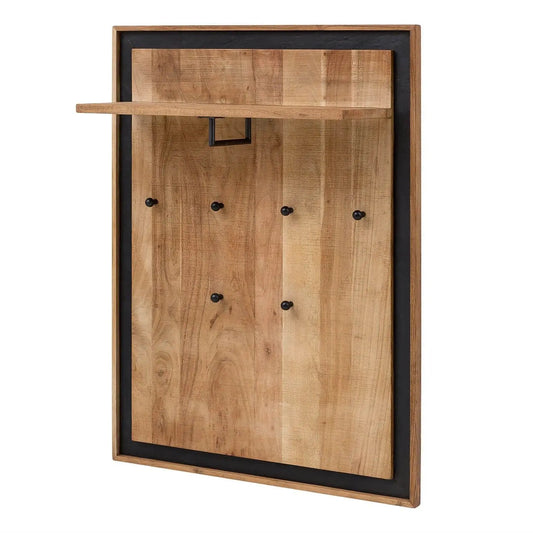 Acacia Wood Wall Hanging Shelves With Six Hooks and One metal Pipe For Hanging Coats. 