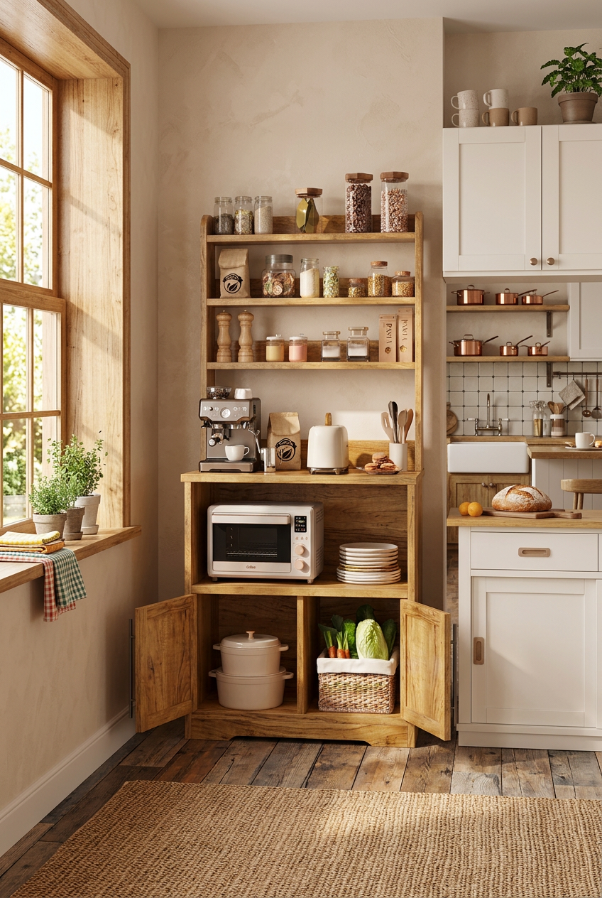 A rustic wooden kitchen hutch cabinet with open shelves and storage compartments, styled with kitchen appliances, jars, plates, and vegetables in a bright kitchen setting.