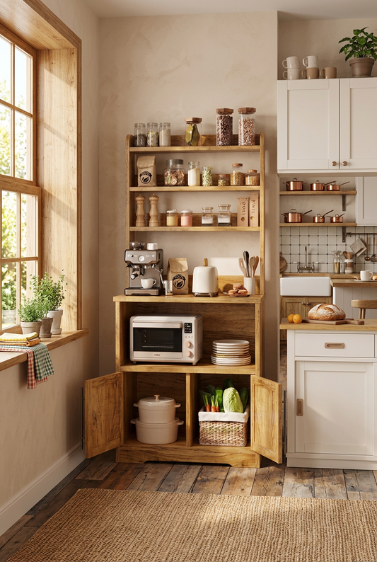 A rustic wooden kitchen hutch cabinet with open shelves and storage compartments, styled with kitchen appliances, jars, plates, and vegetables in a bright kitchen setting.