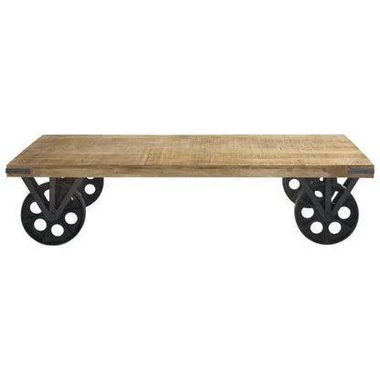 distressed solid mango wood top and metal movable wheels Rectangular samveiga veelo coffee table. 