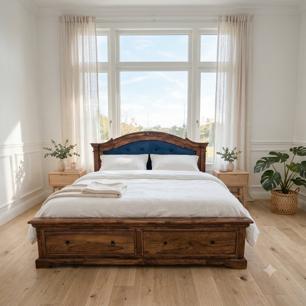 A rustic dark wood storage bed with a curved headboard and a blue tufted center panel.