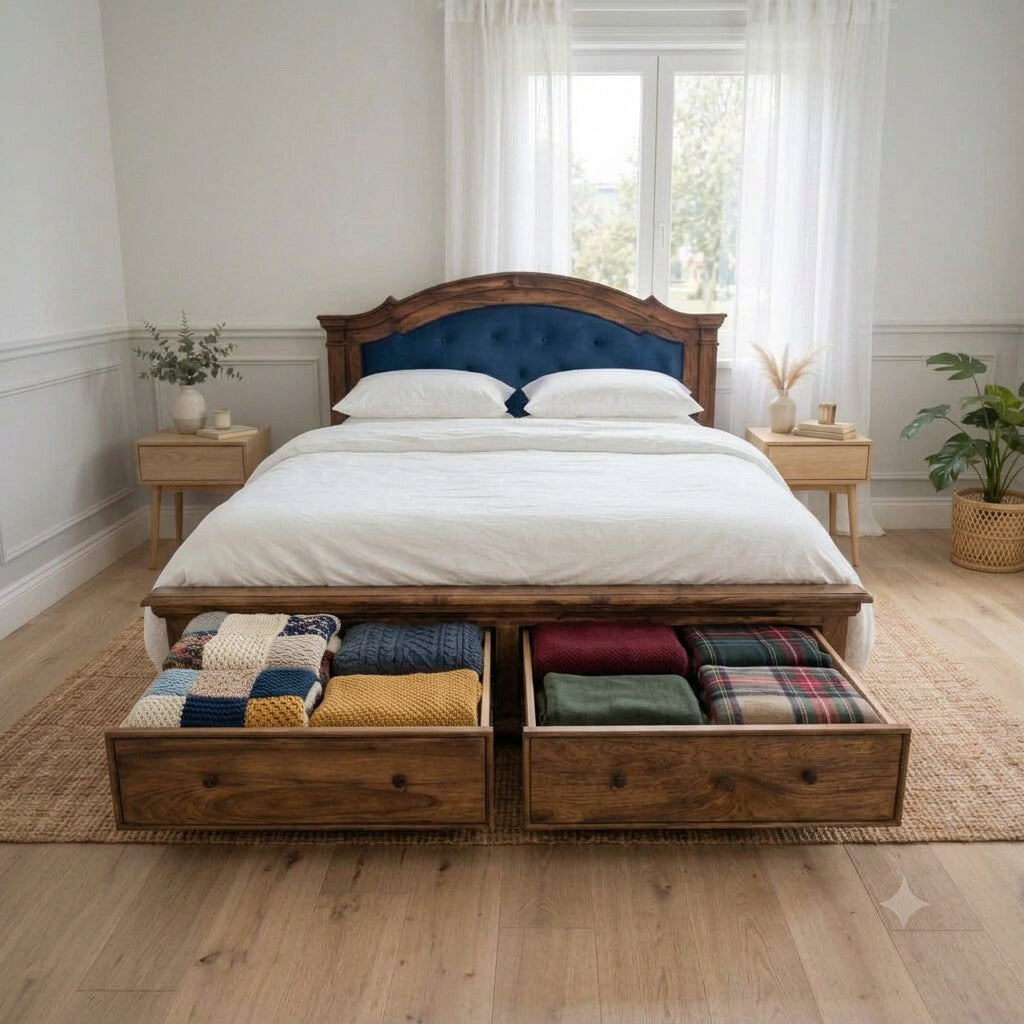 A rustic dark brown wooden platform bed with a curved headboard featuring a deep blue tufted upholstered panel.