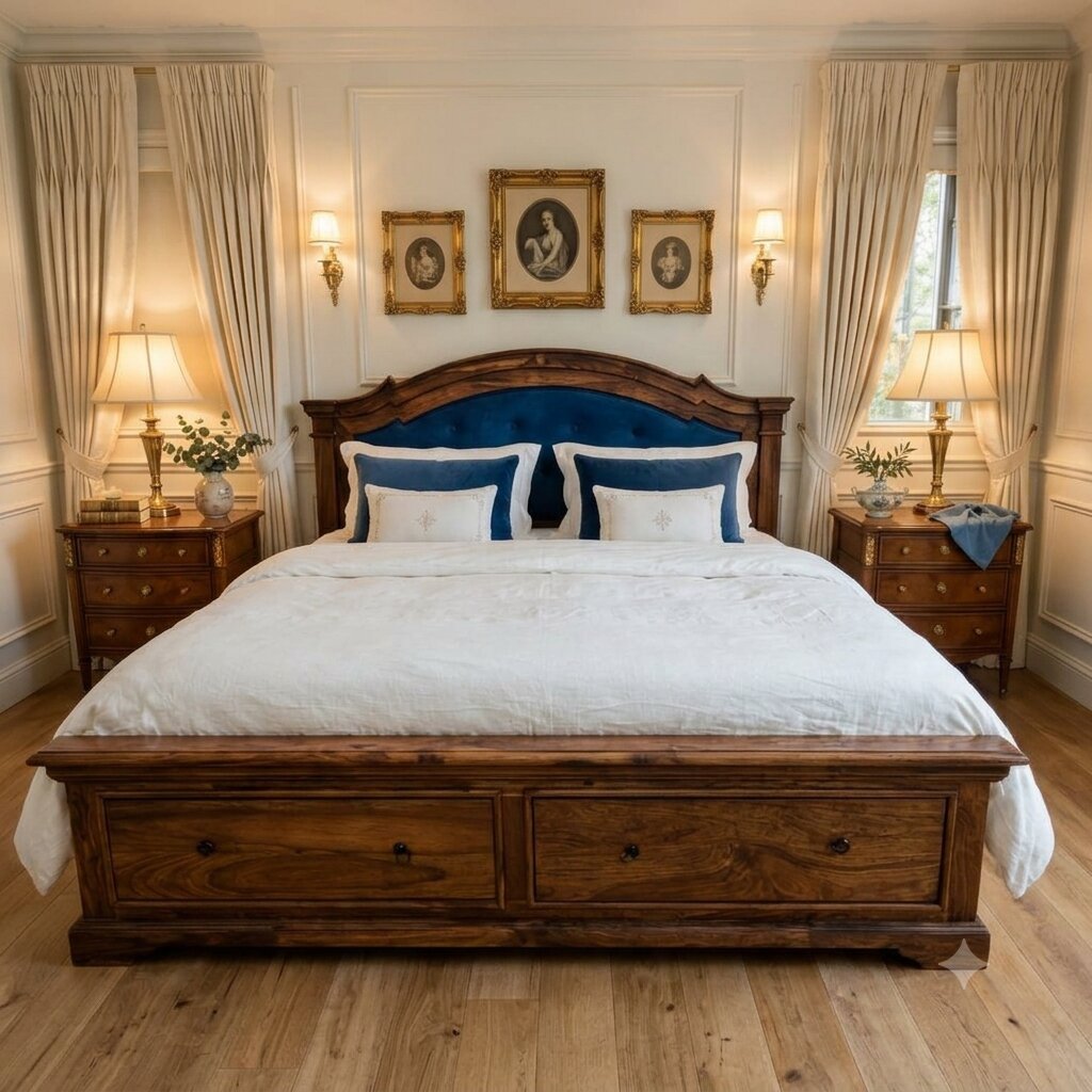 A classic wooden bed frame with a dark blue upholstered headboard.