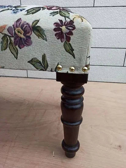 Wooden Four Carved leg Sarah flower bench in Walnut finish. 