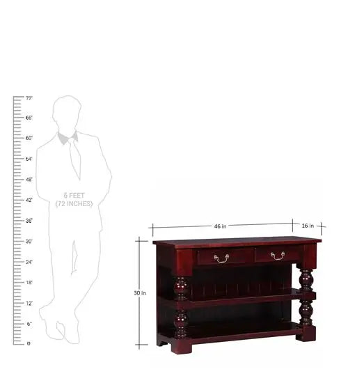Wooden Two Drawer and Two Open Shelf Shiva console table mohagany. 