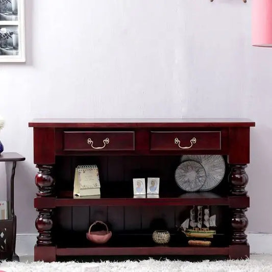 Solid Wood Two Drawer and Two Open Shelf Shiva console table mohagany. 