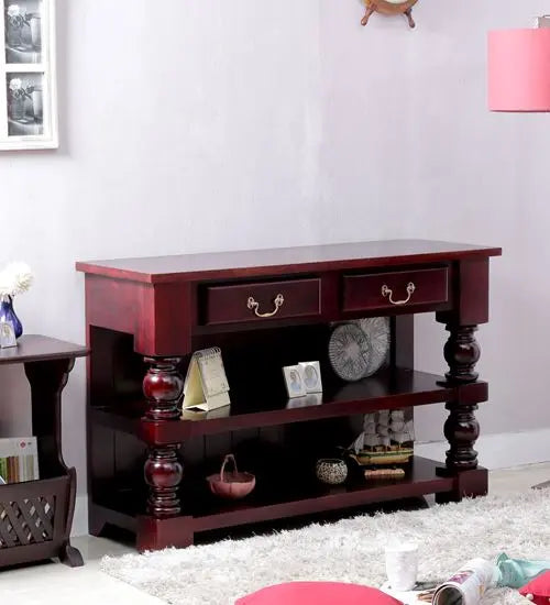 Acacia Wood Two Drawer and Two Open Shelf Shiva console table mohagany. 