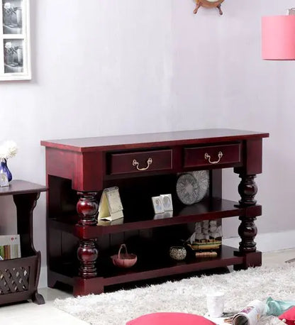 Acacia Wood Two Drawer and Two Open Shelf Shiva console table mohagany. 