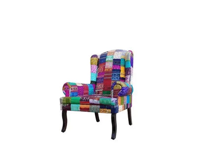 Solid Wood Multicolour silk patch wing chair in Walnut finish.