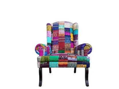 Sheesham Wood Multicolour silk patch wing chair in Walnut finish.