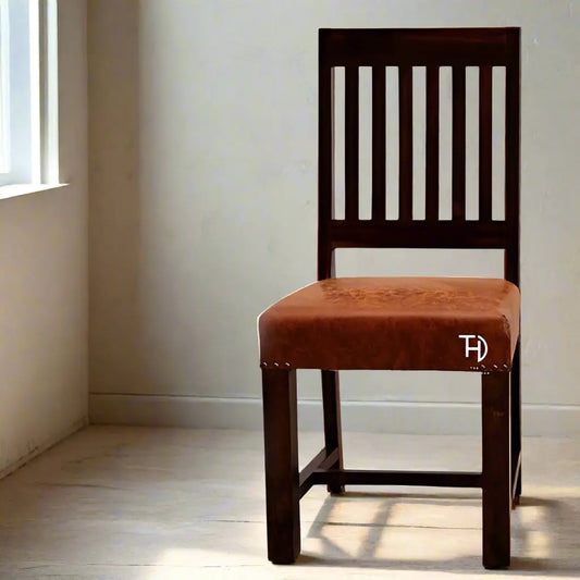 Solid Sheesham Wood Straight line and Cushion Seat Simple Dining Chair finish in Walnut.
