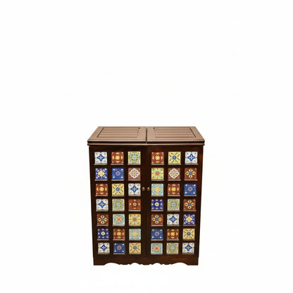 Siramika Bar Cabinet With Extendable Top Shelf Made in Solid Sheesham Wood and Ceramic Tile. 