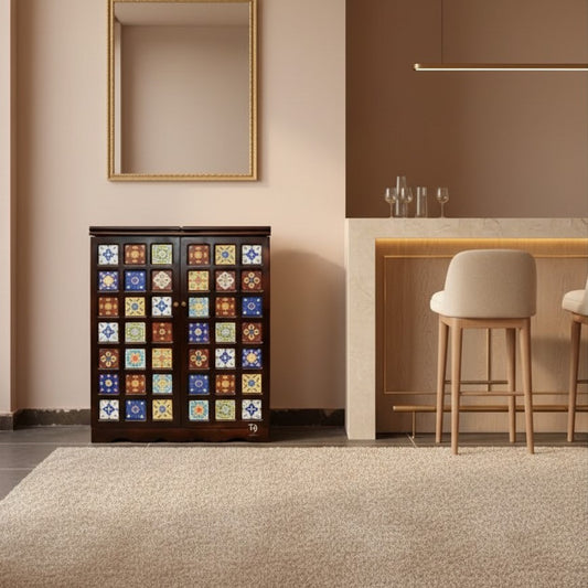 Two Ceramic TIle Door Siramika Bar Cabinet Made in Solid Sheesham Wood and Ceramic Tile. 