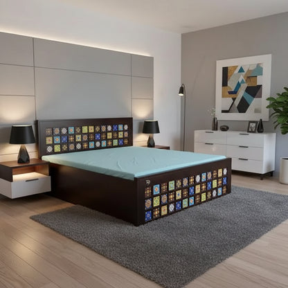 A double bed with a brown wooden frame featuring ceramic tile patterns.