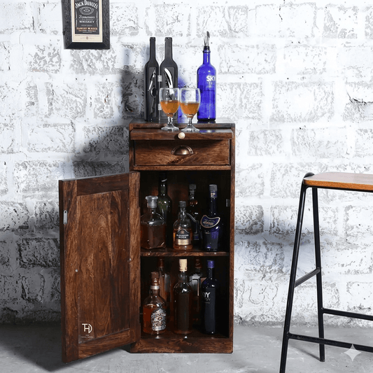 One Door One Drawer Meeg Bar Cabinet Made in Solid Sheesham Wood.  