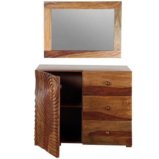 Solid Sheesham One Door and Three drawer Sprial cabinet. Door panel with Spiral design carving looks Beautiful.  