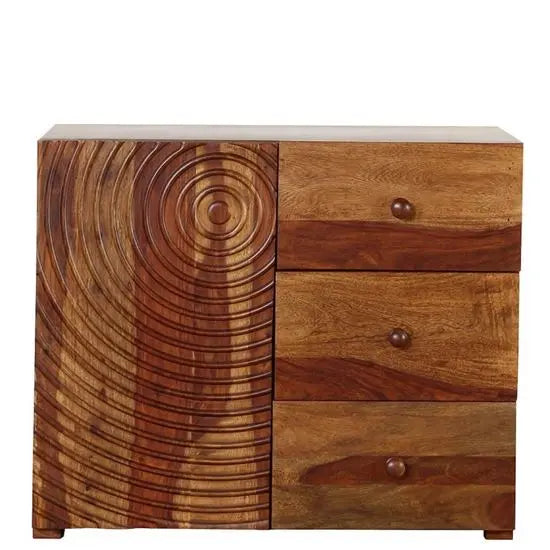 Sheesham Wood One Door and Three drawer Sprial cabinet. Door panel with Spiral design carving looks Beautiful.  