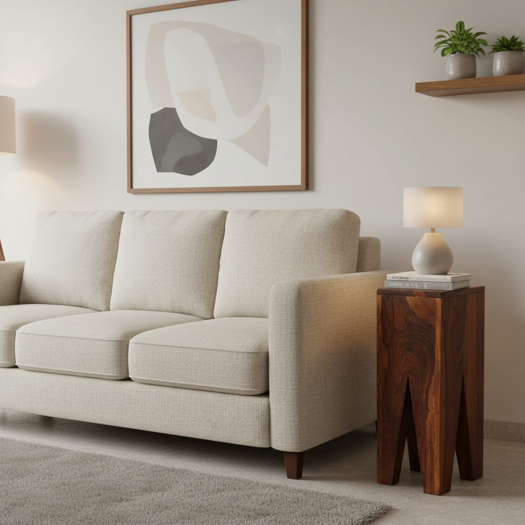 Solid wood designer 'V' shaped stand alone end table in natural.