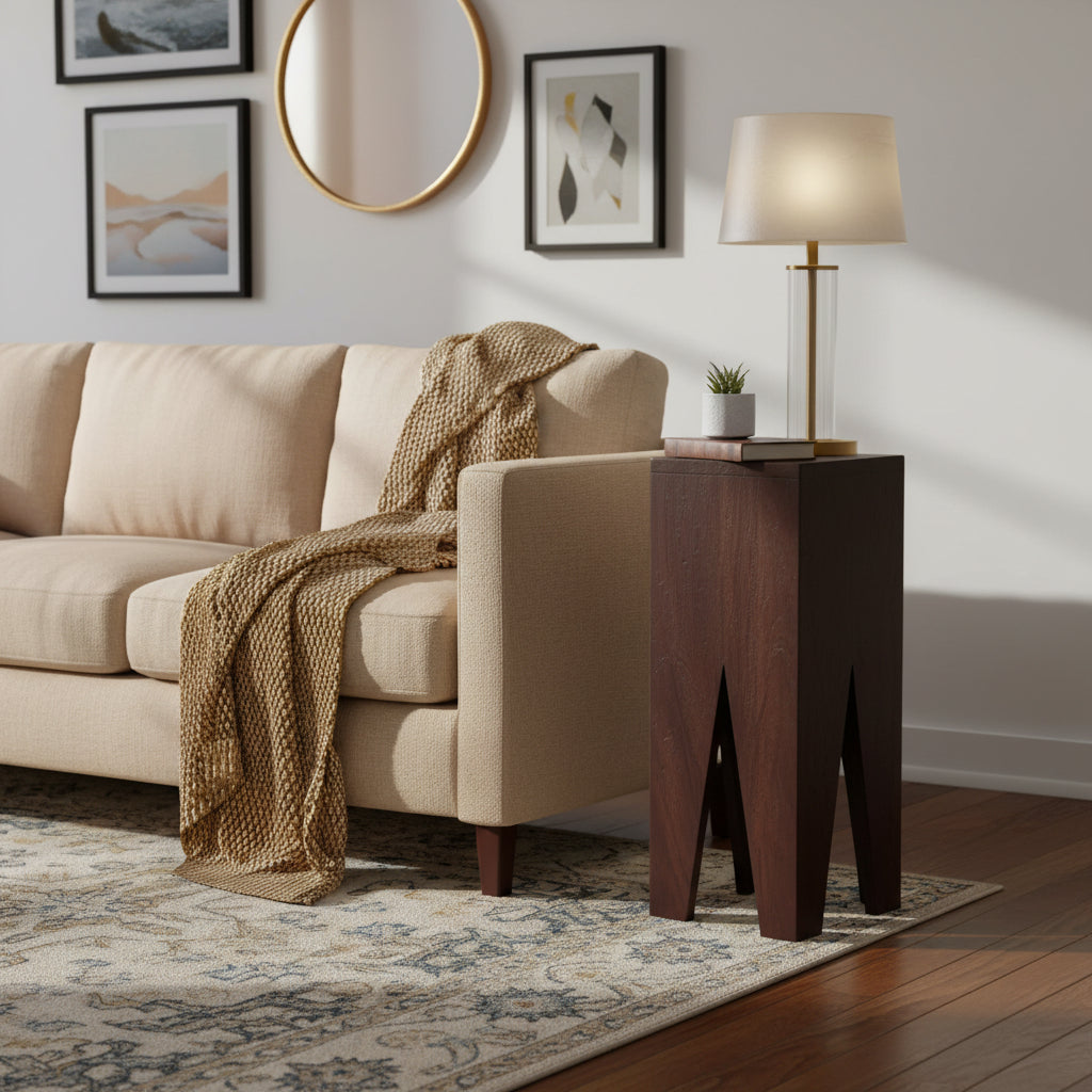 Solid sheesham wood designer 'V' shaped small stand-alone-end-table in walnut finish. 
