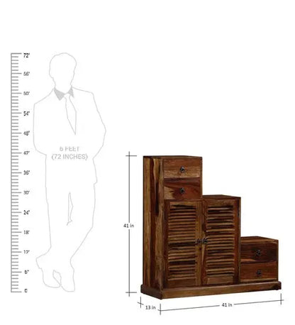 solid sheesham wood Two door and Four drawer Step by step cabinet in provincial teak finish.